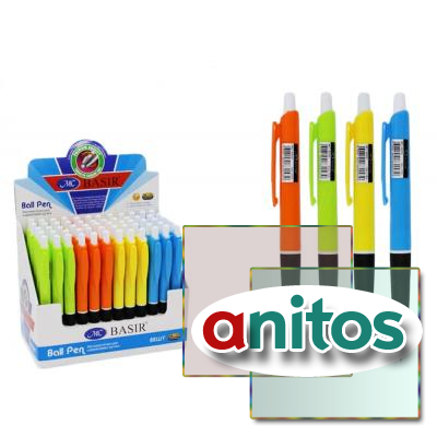 Автоматическая шариковая ручка: яркий цветной корпус /ассорти 4 цвета/, резиновый держатель чёрного цвета; длина линии письма 1000 м, цвет чернил - синий, 0,7 mm.