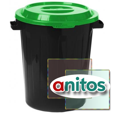 Бак для отходов 90л пластик черный, с зеленой крышкой