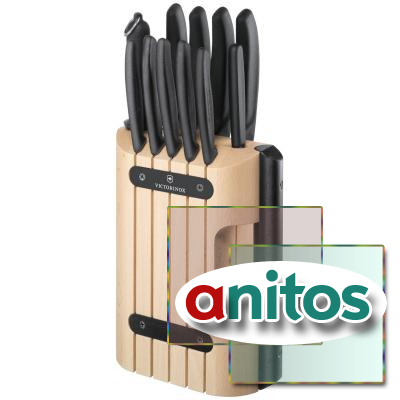 Набор из 11 кухонных ножей VICTORINOX, чёрная рукоять, в подставке из бука высотой 35,5 см.