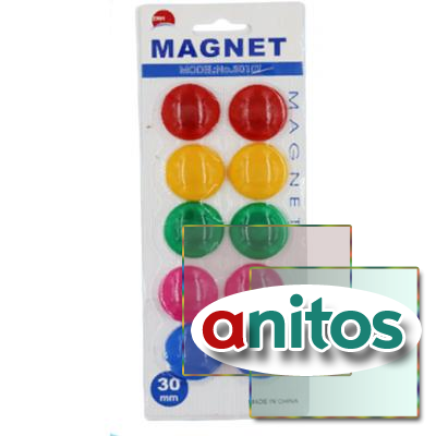 Набор магнитов: цветные, круглые /диаметр 30 мм/, 10 штук, в блистере с европодвесом.
