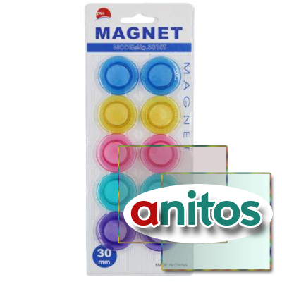 Набор магнитов: цветные, прозрачные, круглые, /диаметр 30 мм/, 10 штук, в блистере с европодвесом.