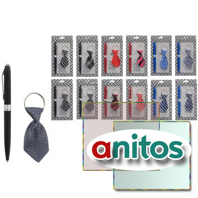 Набор подарочный мужской: брелок для ключей в виде галстука (материал атлас) /ассорти/+авторучка с поворотным механизмом; в подарочной пластиковой упаковке /16*9 см/.