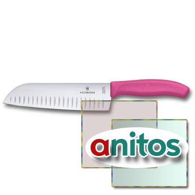 Нож сантоку VICTORINOX SwissClassic, рифлёное лезвие 17 см, розовый, в картонном блистере