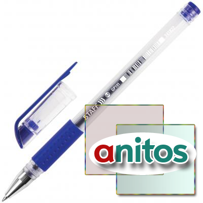 Ручка гелевая с грипом STAFF, СИНЯЯ, корпус прозрачный, узел 0,5 мм, линия письма 0,35 мм, 141822