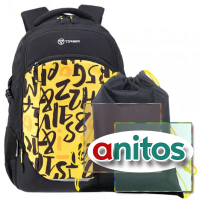 Рюкзак школьный Torber Class X, черно-желтый с принтом, 46x32x18 см + Мешок для обуви в подарок!
