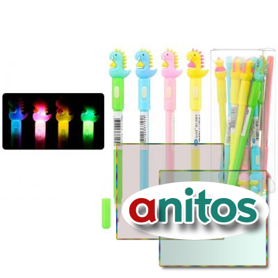Шариковая ручка: детская ДИНОЗАВРИК; цветной корпус /ассорти/, прорезиненный наконечник фонарик; цвет чернил-синий; в пластиковой упаковке по 12 штук.
