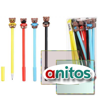 Шариковая ручка: детская; МИШКА; яркий, цветной  корпус /ассорти/, съёмный прорезиненный наконечник, в пластиковой упаковке, цвет чернил-синий.