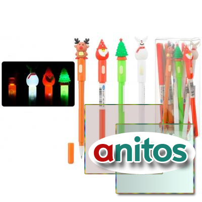 Шариковая ручка: детская НОВОГОДНИЕ; цветной корпус /ассорти/, прорезиненный наконечник фонарик-Дед Мороз, ёлка, олень; цвет чернил-синий; в пластиковой упаковке по 12 штук.