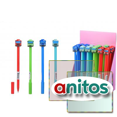 Шариковая ручка с чернилами на масляной основе: детская; ПАРОВОЗИК; цветной корпус /ассорти/, съёмный прорезиненный наконечник, цвет чернил-синий.